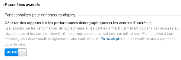 Google analytics activation dans la console d'admin des statistiques données démographiques et centres d'intérêt