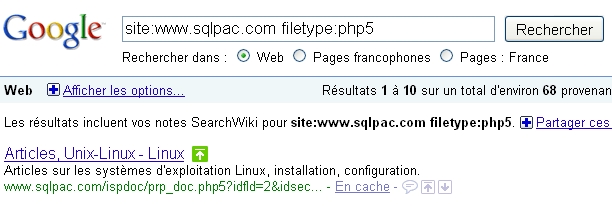 Recherche des pages indexees