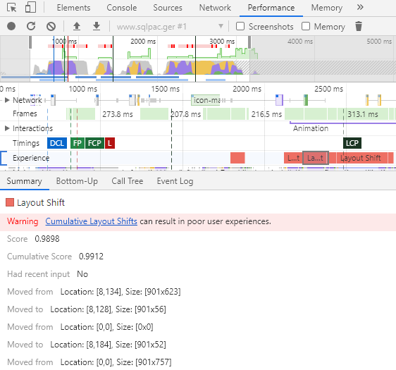 Chrome Dev Tools - Performance Tab - Experience - CLS with summary