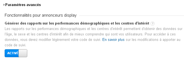 Google analytics activation dans la console d’admin des statistiques données démographiques et centres d’intérêt