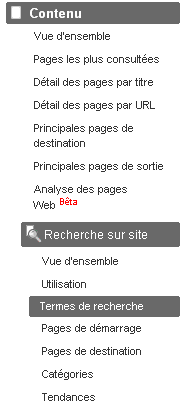 Menu Recherche sur site