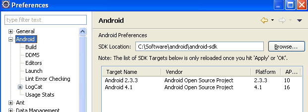 Eclipse - ADT - Paramétrage Android SDK