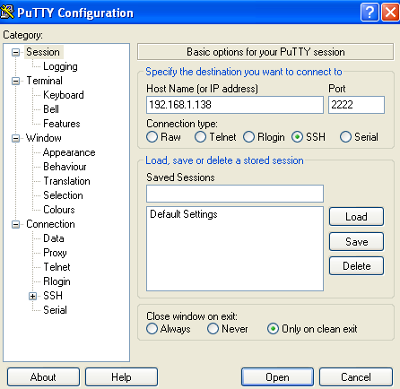 Démarrage Putty Paramètres de connexion