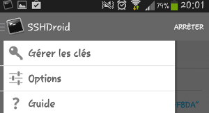 SSHDroid menu options