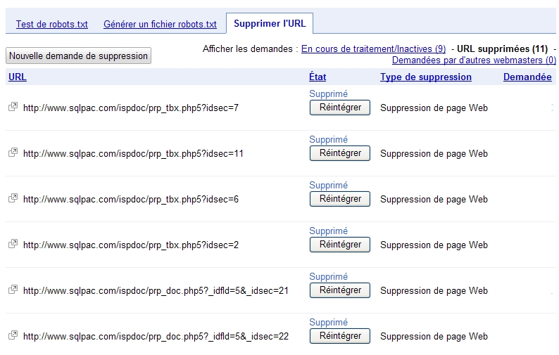 Notification de suppression des URLs