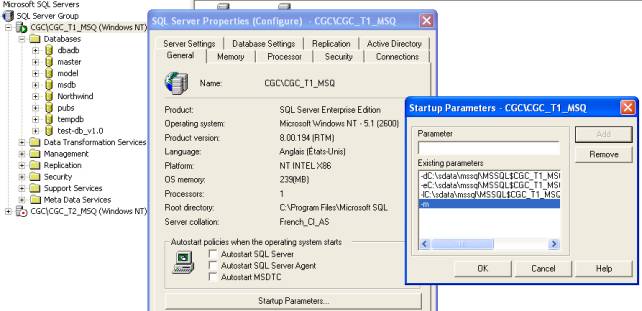 Paramètres de démarrage SQL Server 2000 - mode graphique