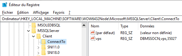 Base de registres Windows - Alias SQL Server