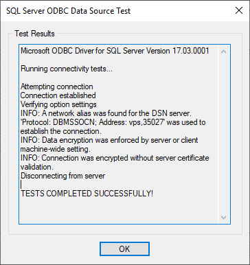 ODBC Test connection with encryption