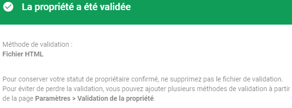 Google Search Console - Validation réalisée