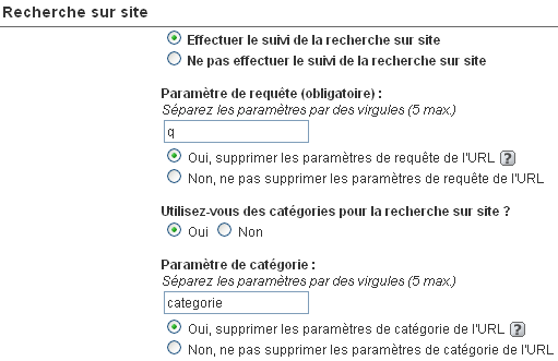 Paramétrage de la recherche sur site