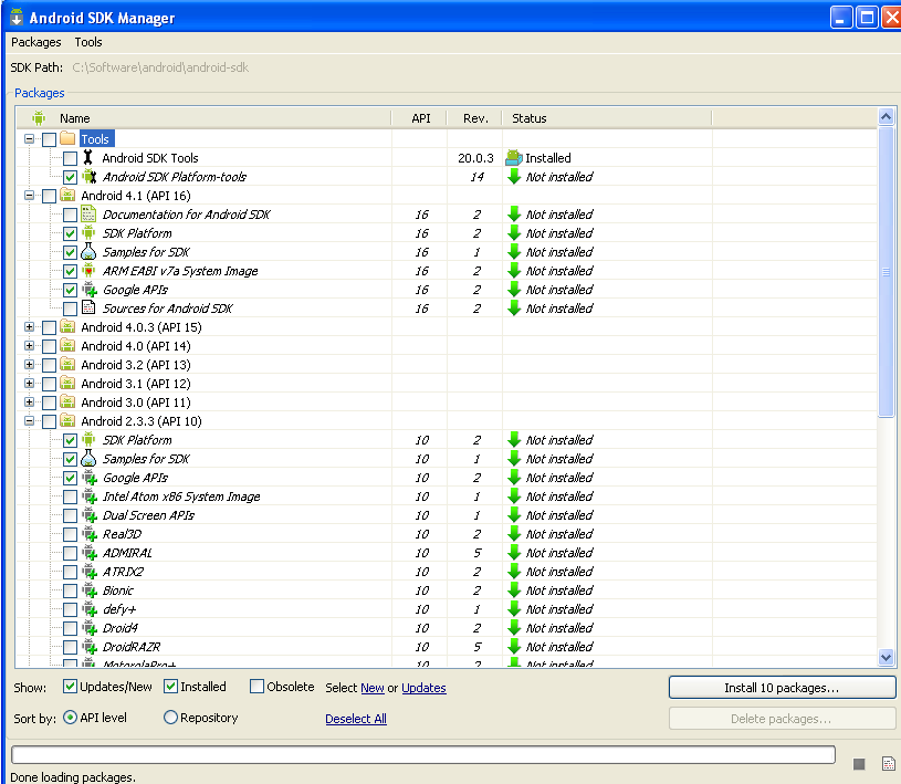 Choix des packages Android SDK