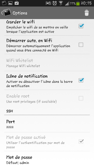 SSHDroid options capture écran